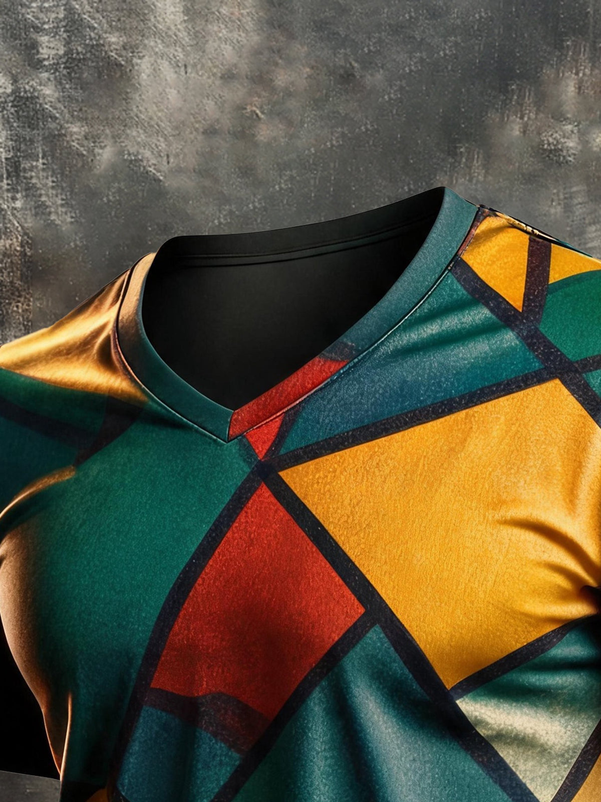 Men's Vintage-Style Distressed Color-Block Print V-Neck Short-Sleeve Top