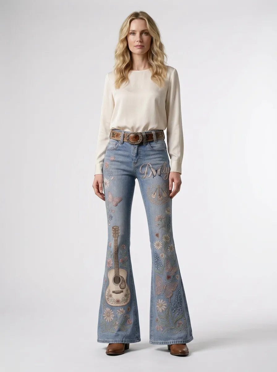 Women's Dolly Parton Guitar Butterfly Floral Printed Flare Jeans
