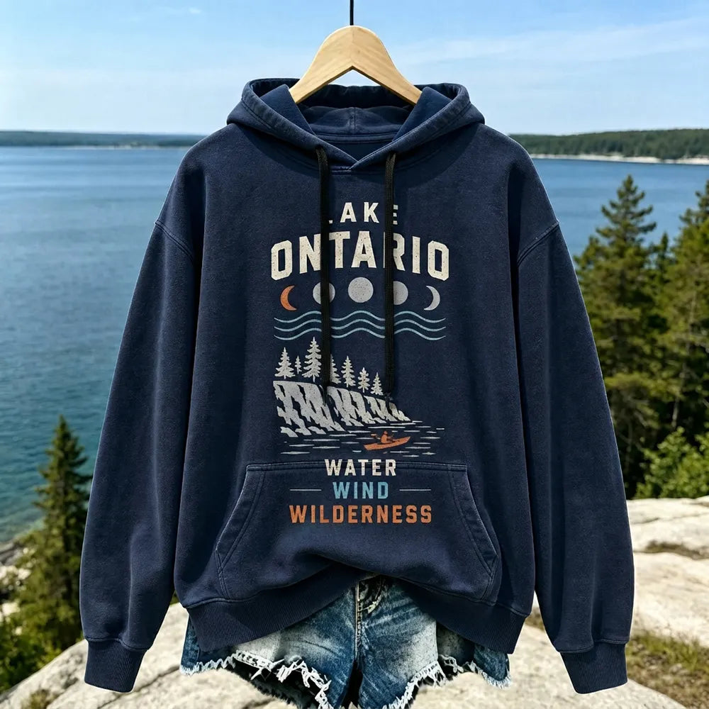 Women's Casual Pullover Hoodie In Dark Navy With Lake Ontario Moon Phases, Cliff, Kayaker, And Wilderness Print