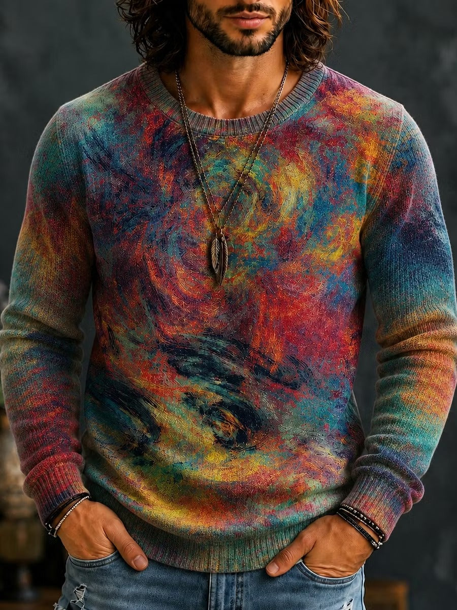 Men's Vibrant Swirl Abstract Impressionist Color Swathes Print Round Neck Sweater