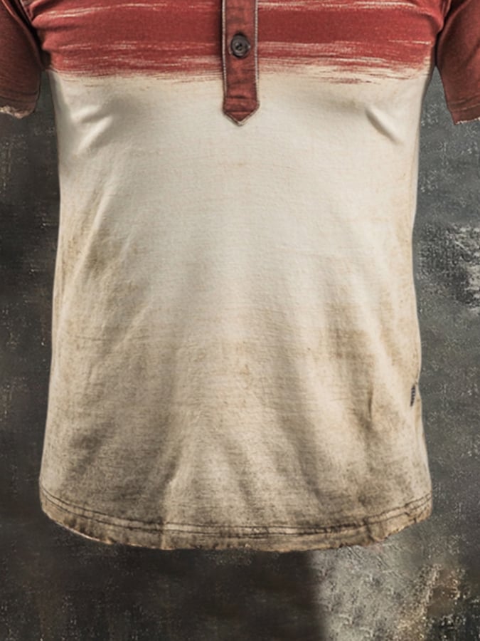 Men's Vintage Distressed Colorblock Casual Henley Short Sleeve T-Shirt
