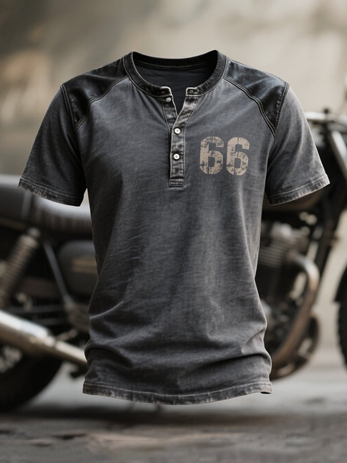 Men's Vintage Distressed Colorblock Casual Henley Short Sleeve T-Shirt