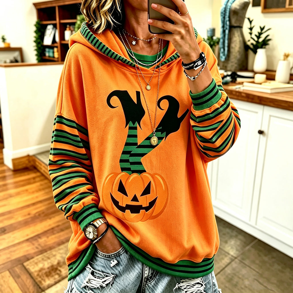 Women's Retro Halloween Pumpkin Stripe Pattern Casual Warm Hooded Sweater