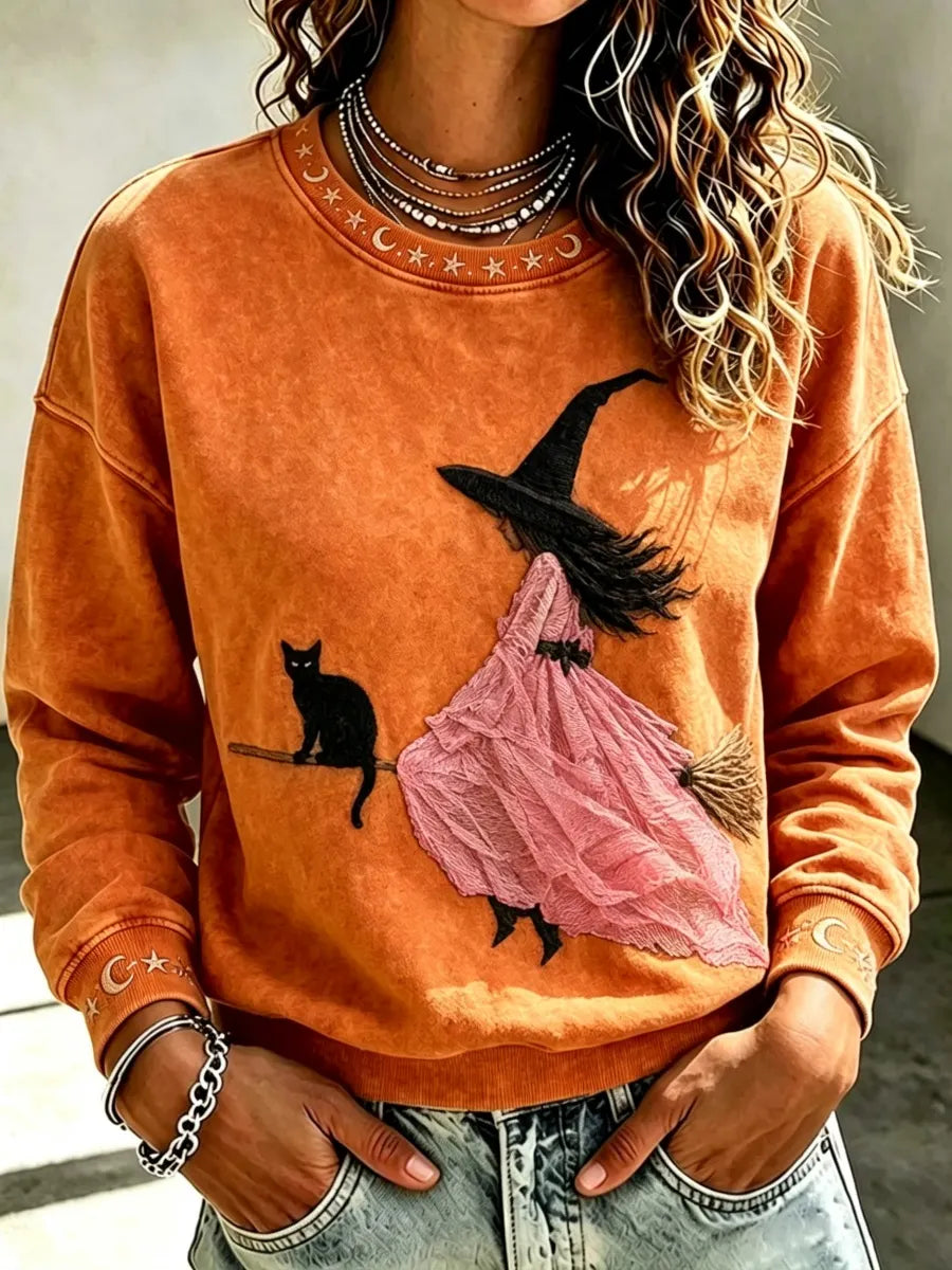 Women's Pink Witch-Themed Print Casual Sweatshirt