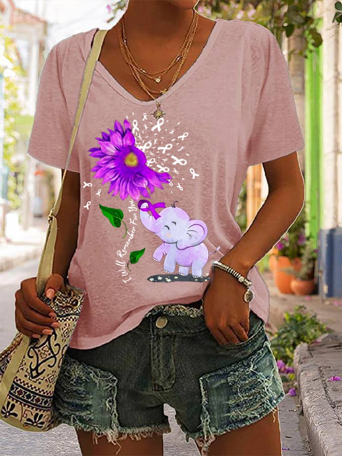 Women's I'll Remember For You Elephant Purple Ribbon Alzheimer's Awareness Fighter Supporter V-Neck Tee
