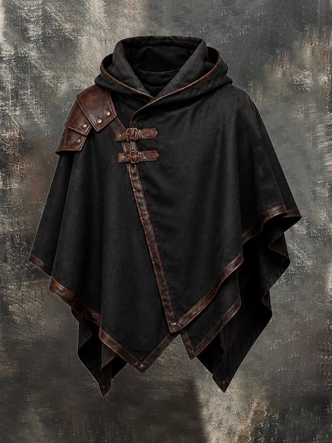 Men'S Vintage Wool-Blend And Leather Paneled Warm Cape/Cloak