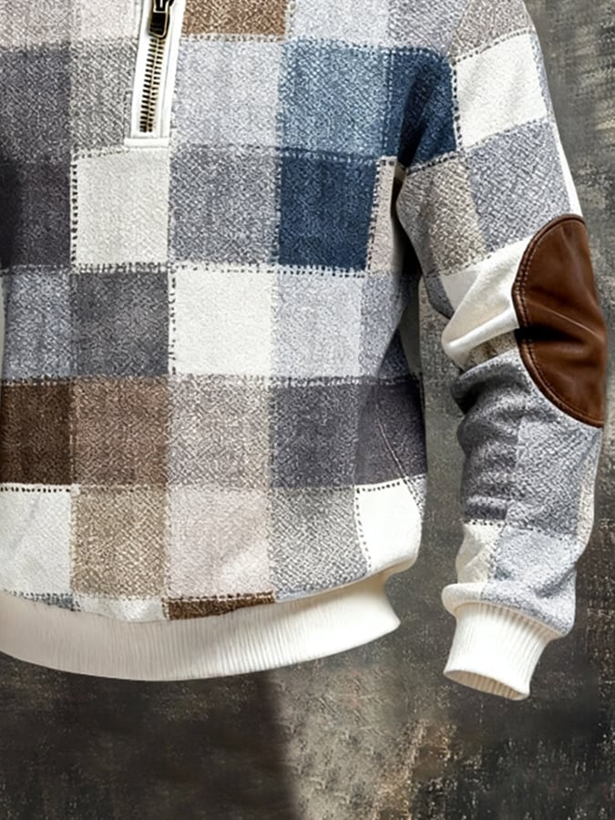 Men's Retro Color Block Print Color-Blocked Zip-Up Sweatshirt