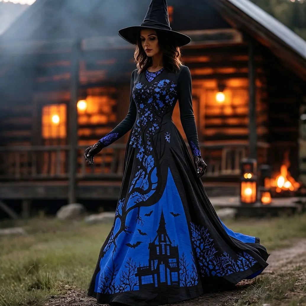 Women's Halloween Gradient Treehouse Design  V-neck Maxi Dress