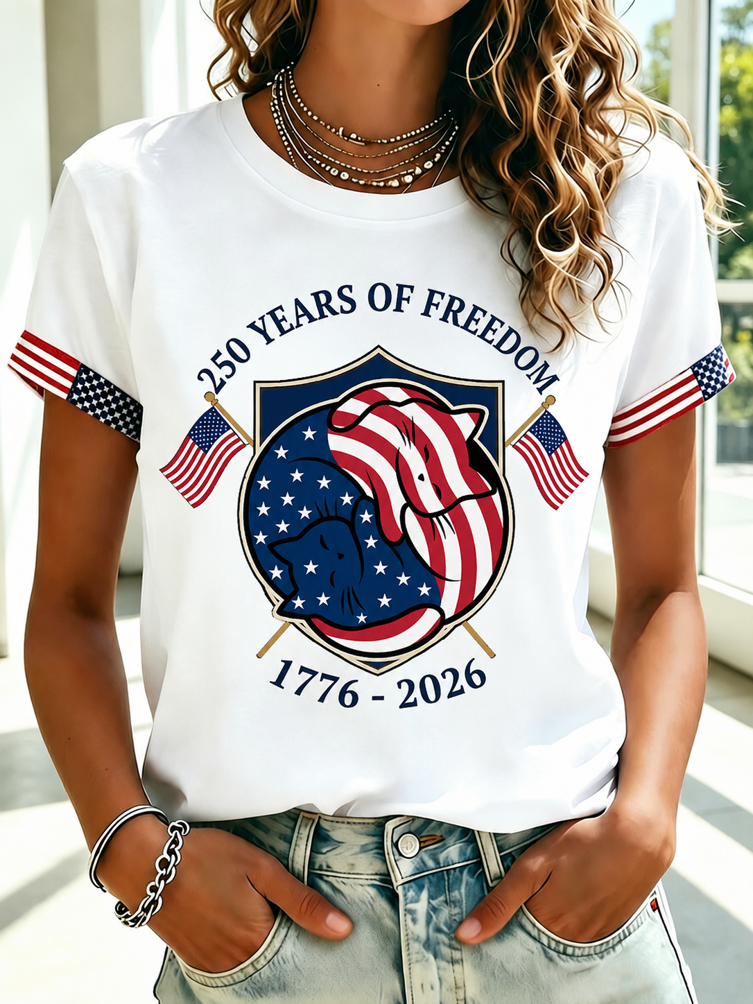 Women'S Cat Flag Printed Round Neck T-Shirt