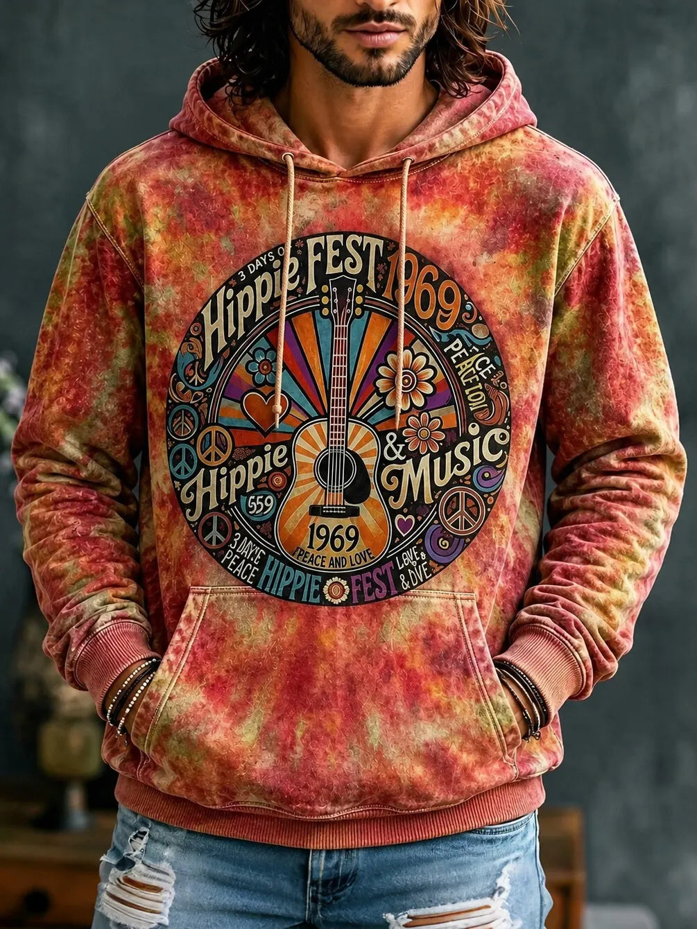 Men's Hippie Fest 1969 Guitar Peace Sign Floral Circular Text Print Hoodies