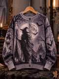 Retro Dark Castle Halloween Witch Moon Bat Black Cat Pattern Knitted Button Cardigan Sweater