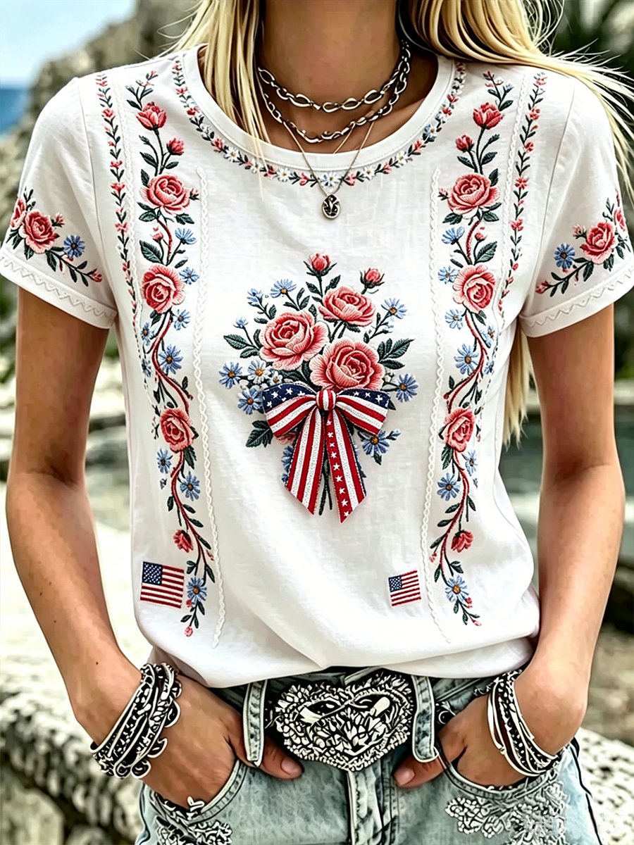 Women's Casual Crew Neck Patriot Print T-Shirt