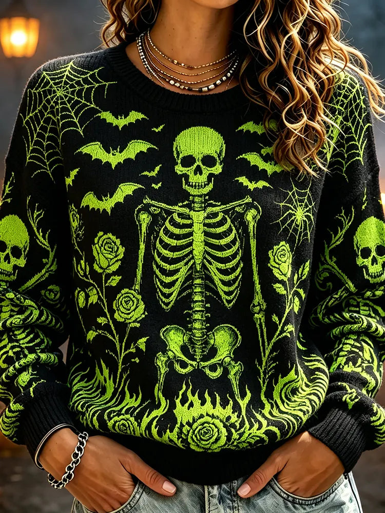Women's Casual Crewneck Knit Sweater - Halloween Skeleton, Skulls, Bats, Spiderwebs & Green Roses Print