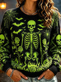 Women's Casual Crewneck Knit Sweater - Halloween Skeleton, Skulls, Bats, Spiderwebs & Green Roses Print