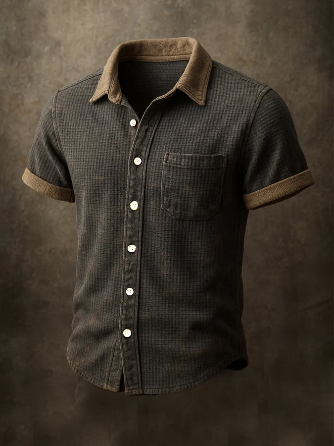 Fashionable short-sleeved shirt with crochet pattern for men