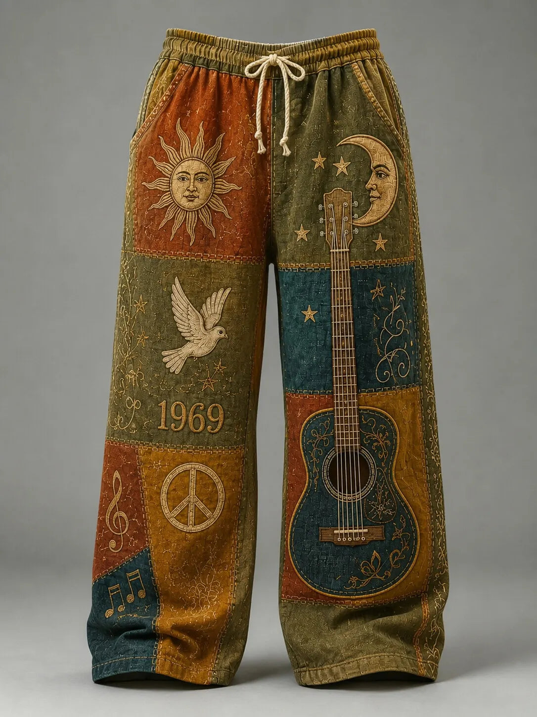 Men's Hippie Patchwork 1969 Sun Moon Dove Guitar Peace Sign Musical Note Print Pants
