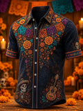 Men's Day Of The Dead Sombrero Skull Guitar Papel Picado Marigold Floral Print Short Sleeve Buttons Shirt