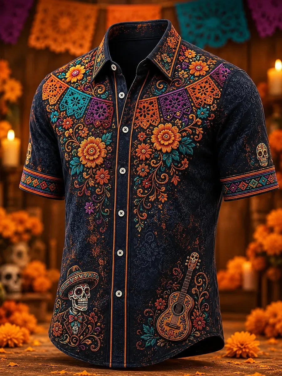 Men's Day Of The Dead Sombrero Skull Guitar Papel Picado Marigold Floral Print Short Sleeve Buttons Shirt