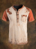 Men's classic casual retro style Henley T-shirt with color block