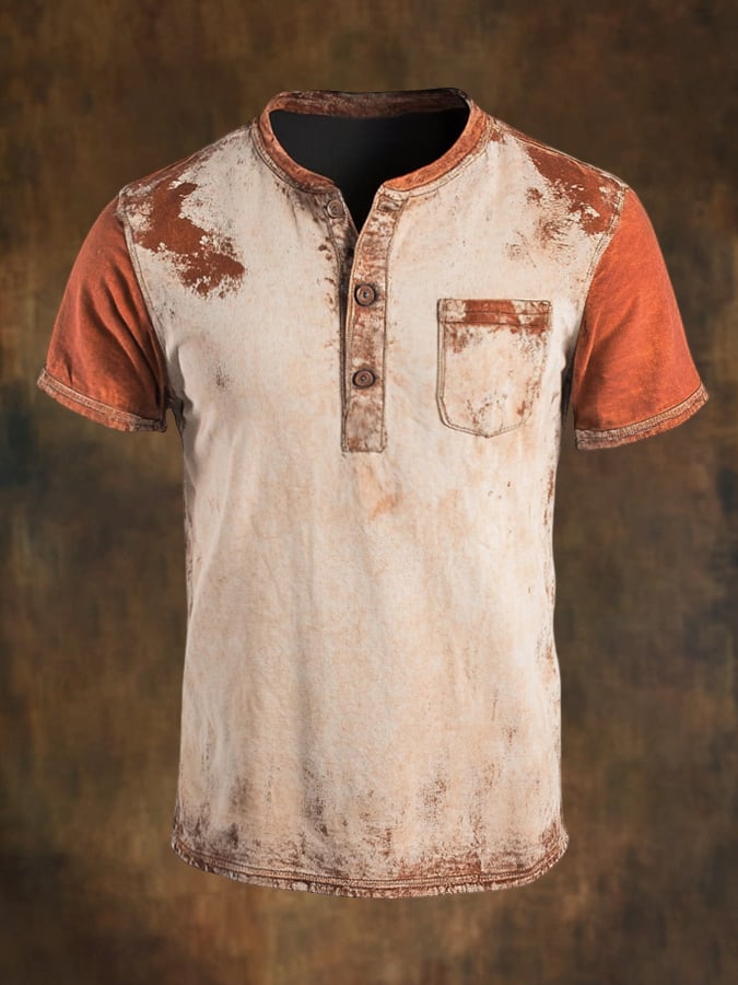 Men's classic casual retro style Henley T-shirt with color block