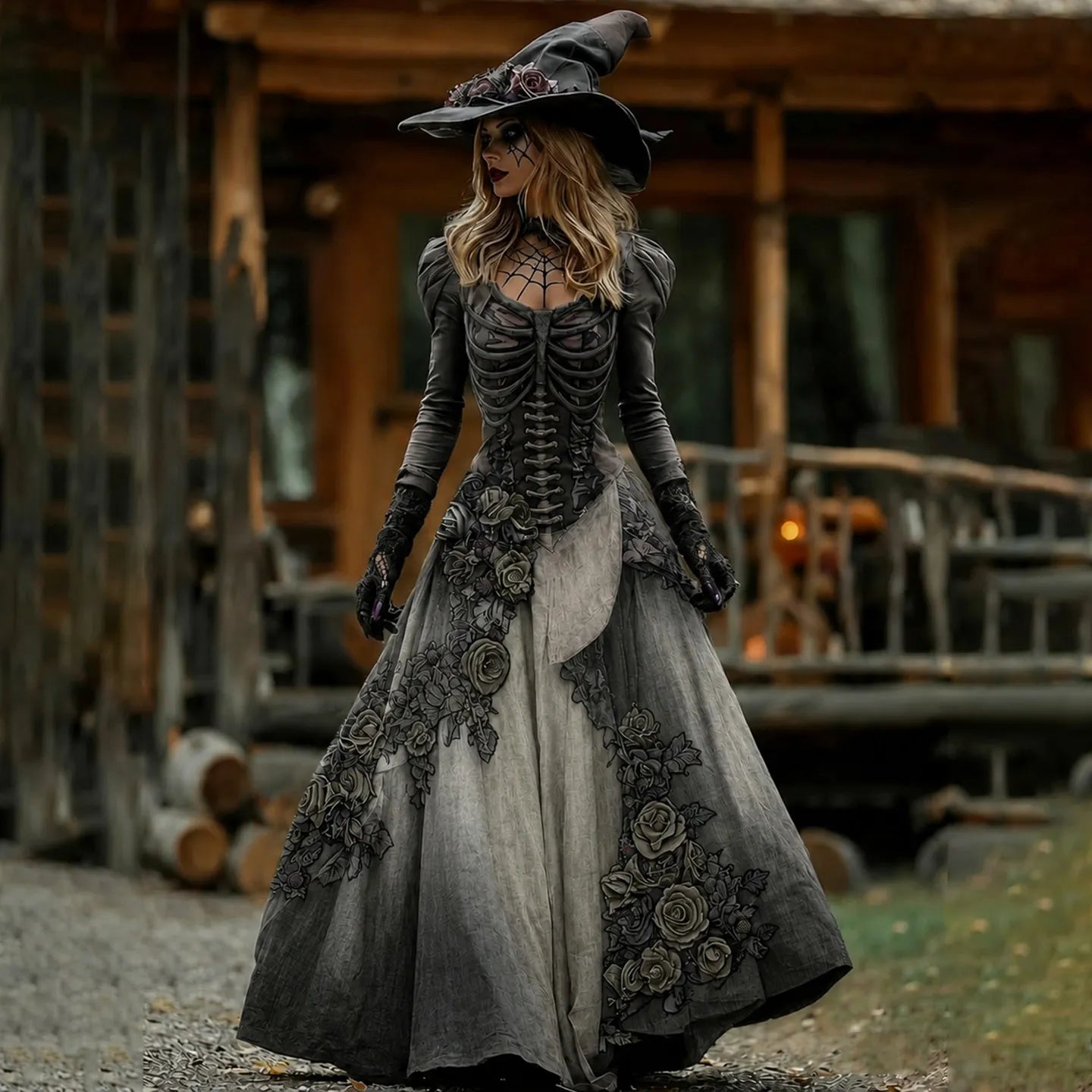 Vintage  Skull Rib Cage Rose Pattern Maxi Dress