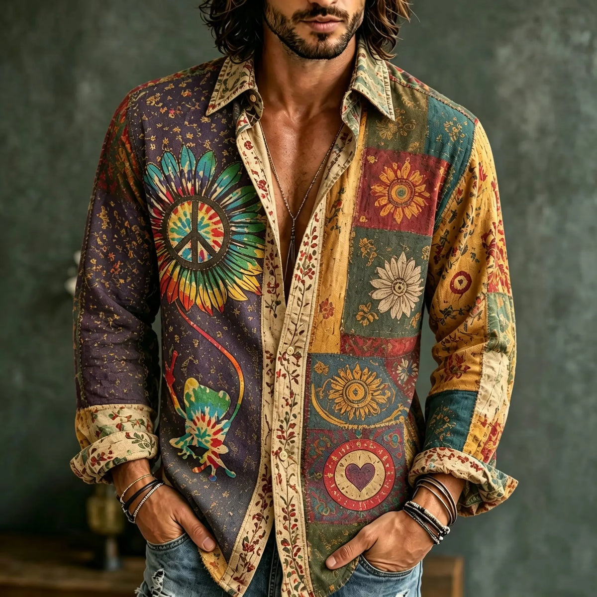 Men's Vintage Ditsy Floral Peace Sign Sunflower Print Shirt