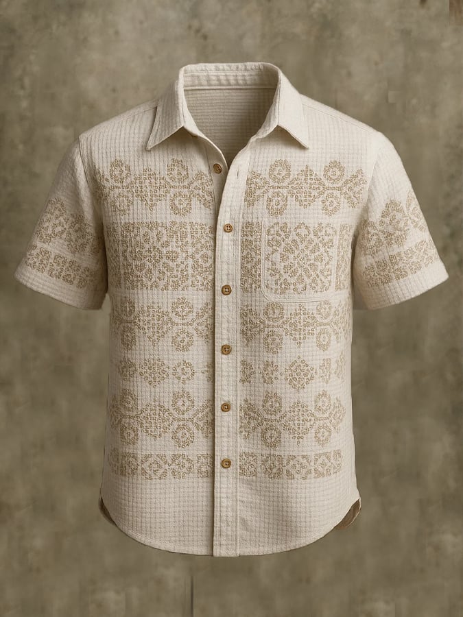 Fashionable short-sleeved shirt with crochet pattern for men