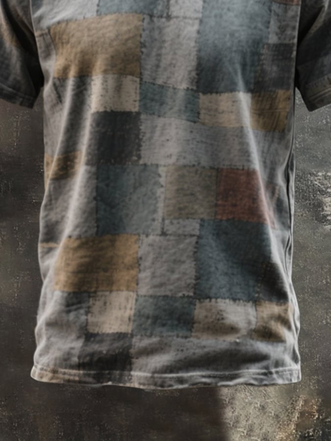 Men's retro washed color block round neck short sleeve t-shirt