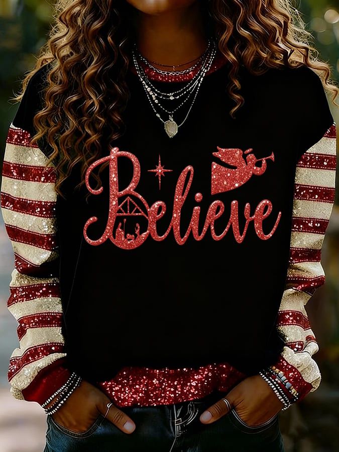 Women's Nativity Faith Art Print Casual Crew Neck Sweatshirt