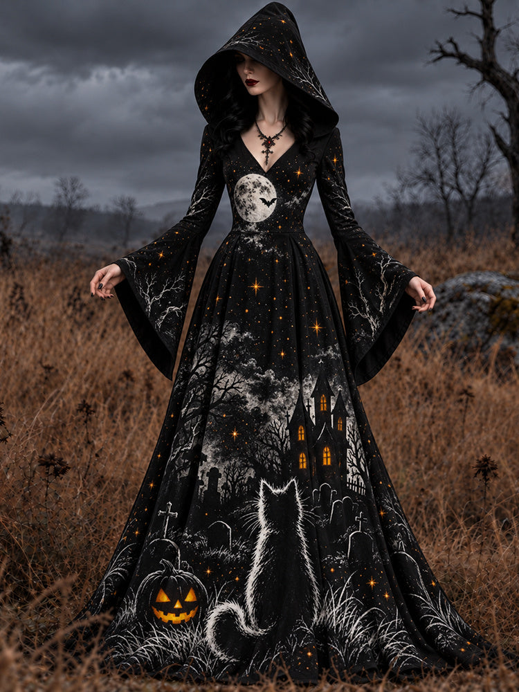Women's Halloween Pumpkin Cat Art Long-sleeve Hooded Long Dress