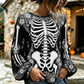 Women's Retro Halloween Bloody Human Skeleton With Floral Art Casual Long Sleeve Tops