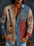 Men's Retro Boho Acoustic‐Guitar Peace Mark Blossom Celestial Print Long Sleeve Shirt