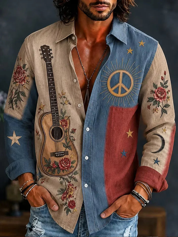 Men's Retro Boho Acoustic‐Guitar Peace Mark Blossom Celestial Print Long Sleeve Shirt