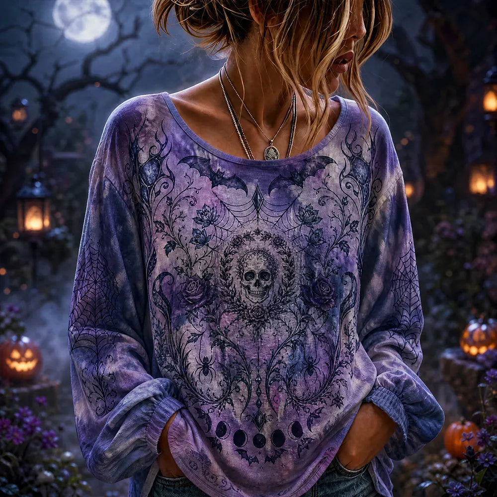 Women's Casual Scoop Neck Long Sleeve T-shirt Featuring Gothic Skull, Rose Wreath, And Bats Graphic