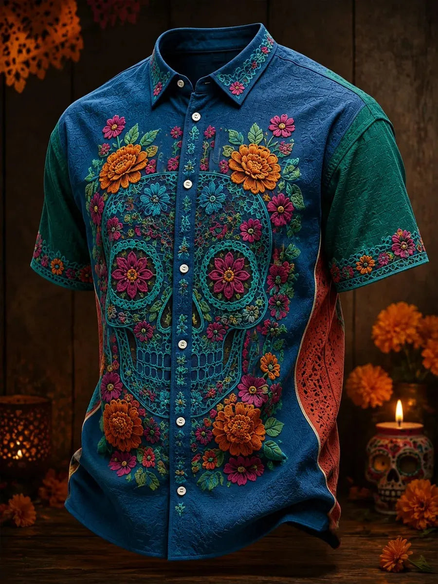 Men's Day Of The Dead Print Short Sleeve Buttons Shirt