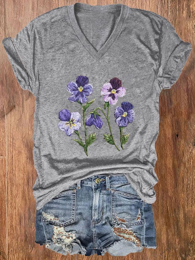 Women's Purple Floral Pansy Dementia Alzheimer's Disease Awareness Print V-Neck T-Shirt