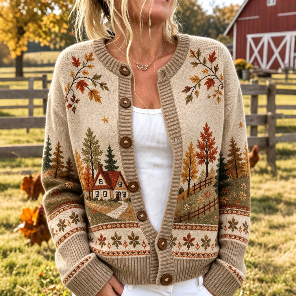 Women's Vintage Forest Themed Jacquard Knit Warm Cardigan