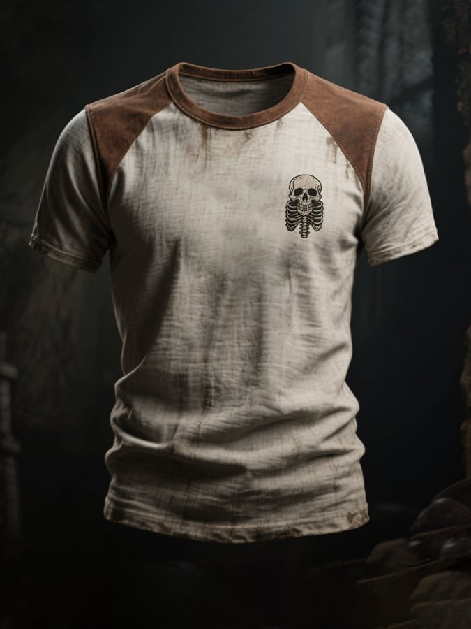 Men's crew neck t-shirt with contrasting skull stitching in vintage style