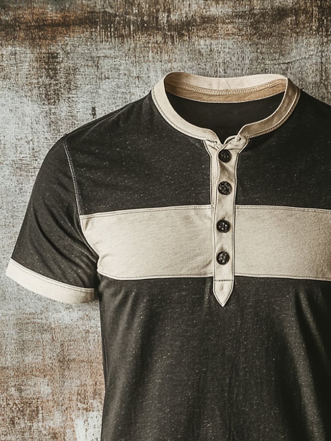 Men's casual retro color block Henley T-shirt