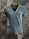 Men's Retro Colorblock V-Neck Short Sleeve T-Shirt