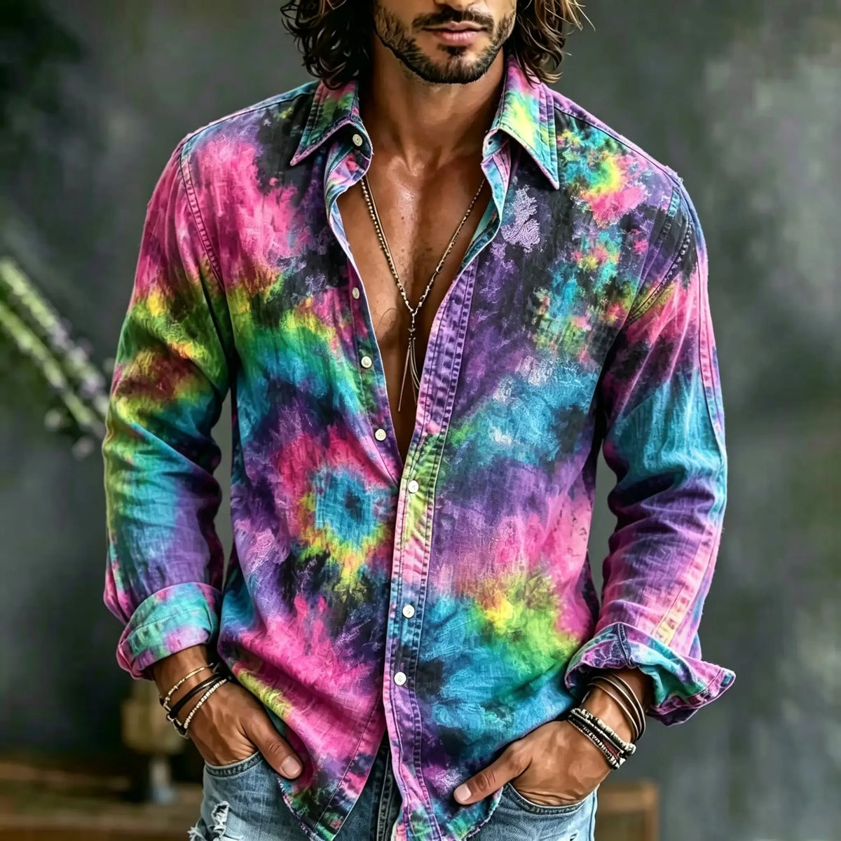 Men's Swirling Rainbow Tie‐dye Print Long Sleeve Shirt