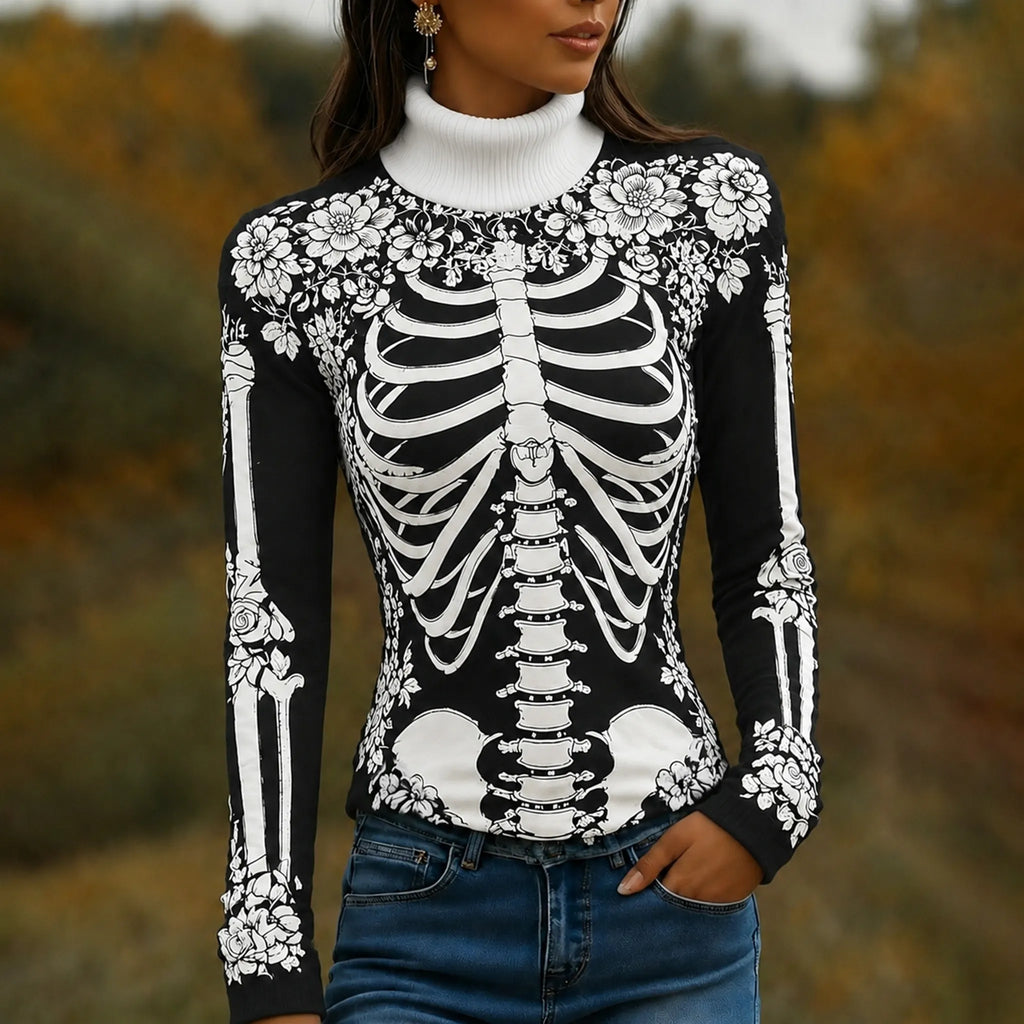 Women's Halloween Skeleton Bones With Roses Art Knitted Warm Turtleneck Sweater