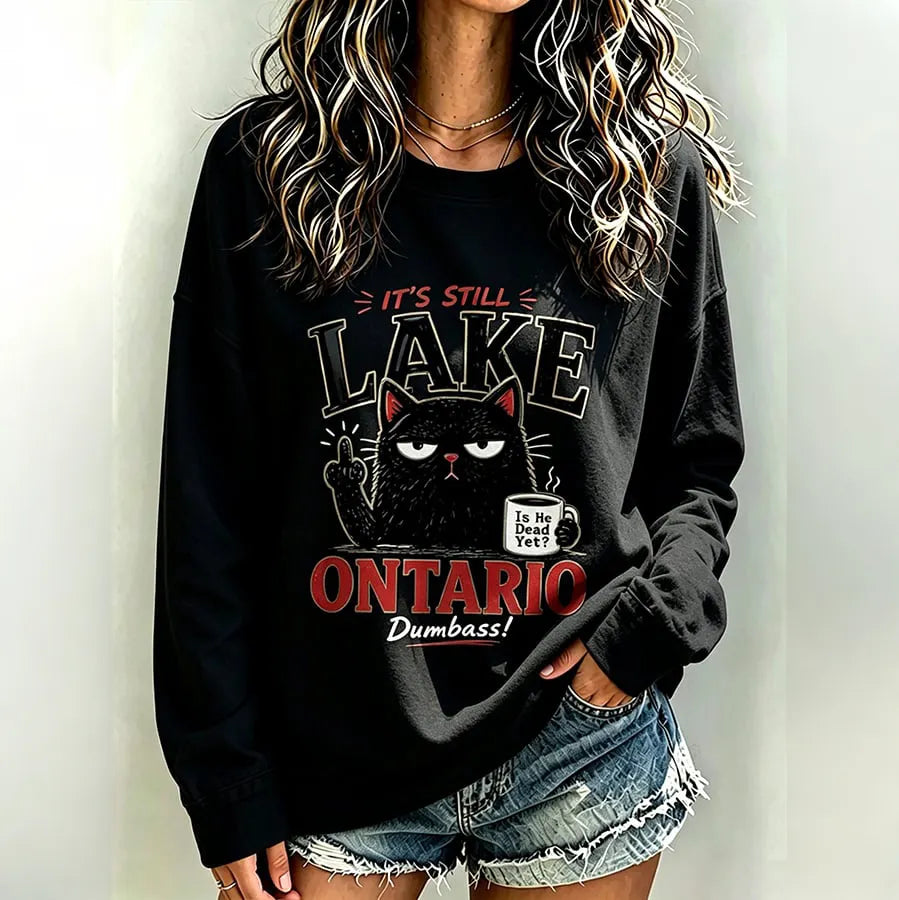 Women's Retro Lake Ontario Cat Art Print Crew Neck Sweatshirt