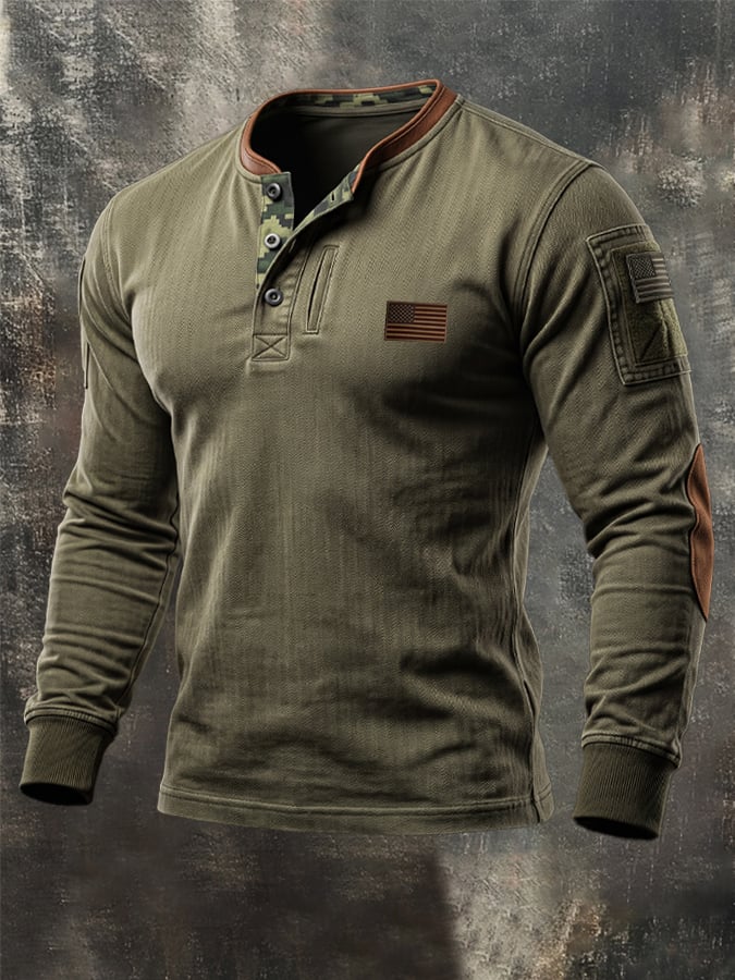 Men's Outdoor Tactical Camo-Panel Quick-Dry Henley T-Shirt