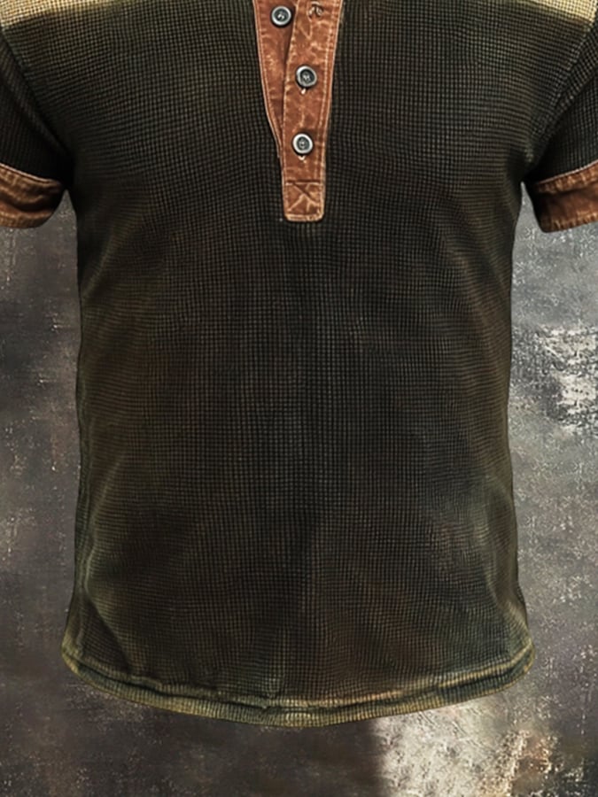 Men's casual short-sleeved waffle-print colorblock polo shirt
