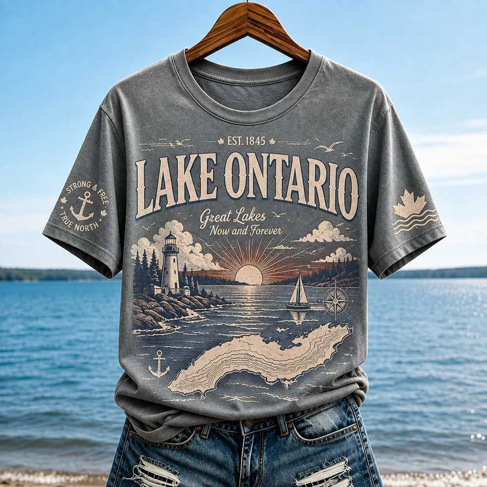 Women's Lake Ontario Graphic T-shirt - Sunset Landscape & Lighthouse Print
