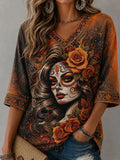 Women's Day Of The Dead Catrina Portrait Autumn Rose Bloom Print Mid-length Sleeves V-Neck T-Shirt