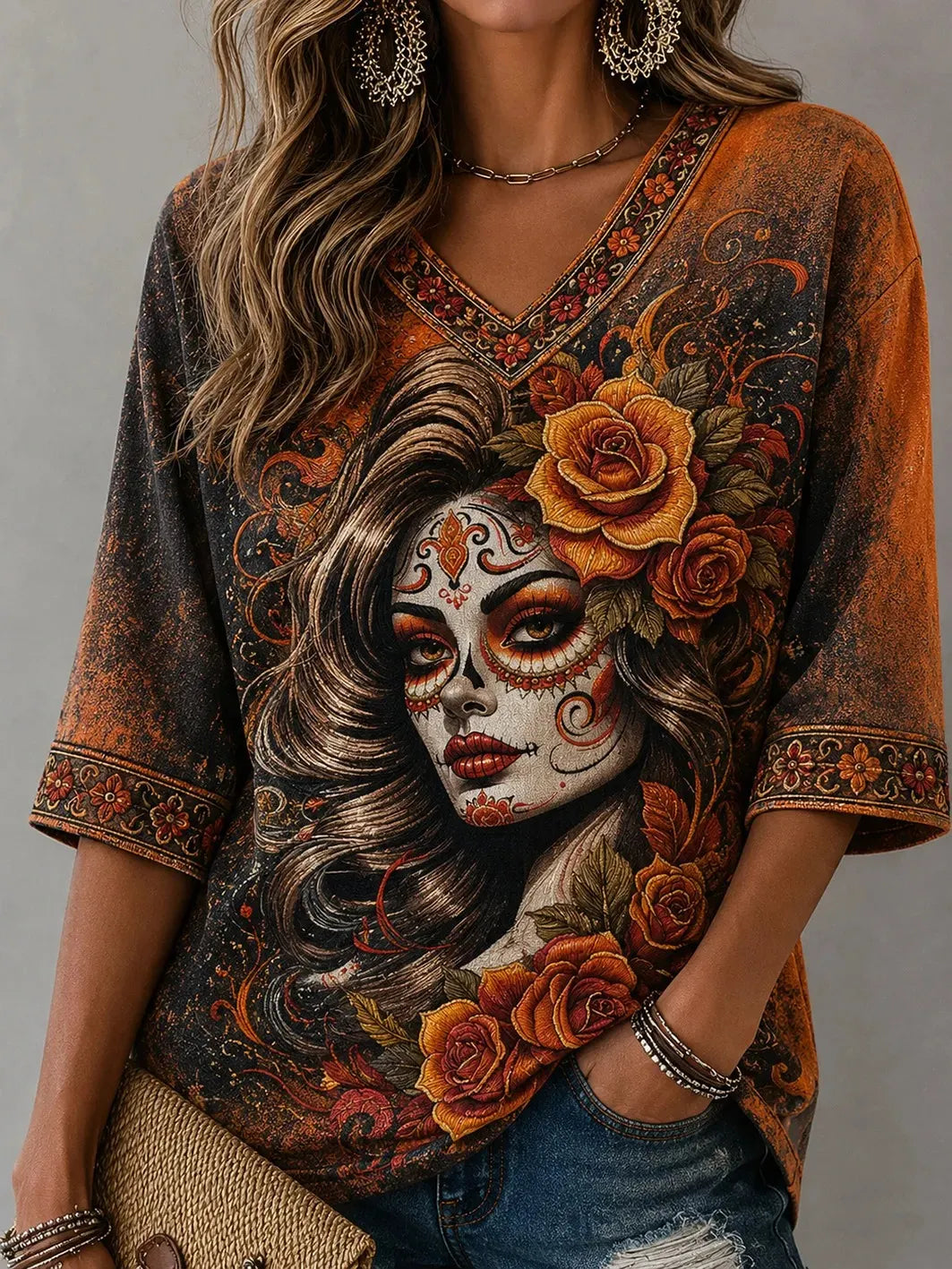 Women's Day Of The Dead Catrina Portrait Autumn Rose Bloom Print Mid-length Sleeves V-Neck T-Shirt