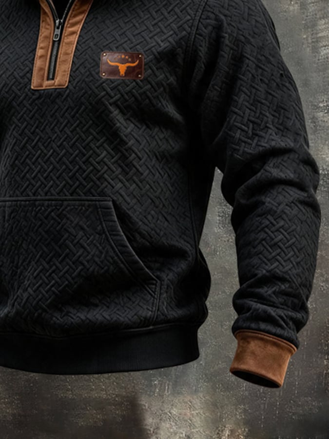 Men's Retro Textured Fabric & Suede Panel Quarter-Zip Long-Sleeve Sweatshirt