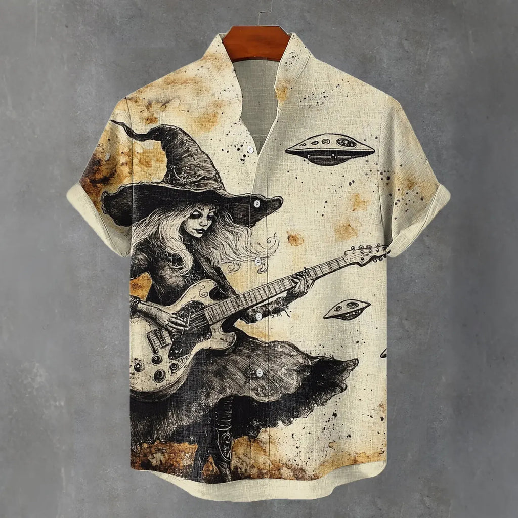Men's Japanese Art Witch Guitar Print Cotton Linen Shirt
